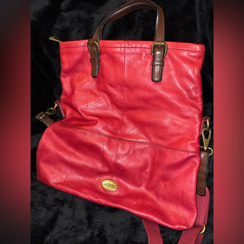 Fossil Rare Htf Vintage Red Large Leather Fossil Heavy Handbag Crossbody Bag